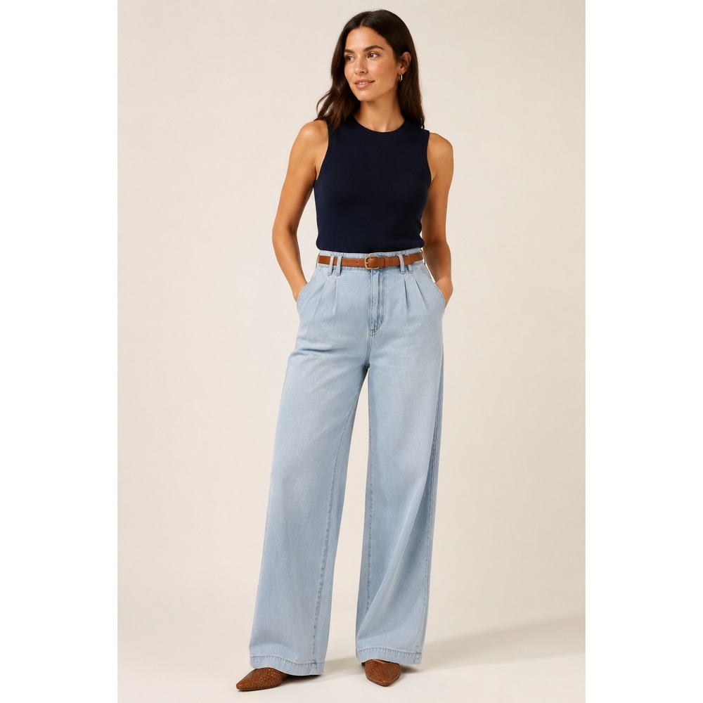 Lands' End Pleated Wide Leg Jeans Women's 10 Tall Light Wash High Rise Cotton